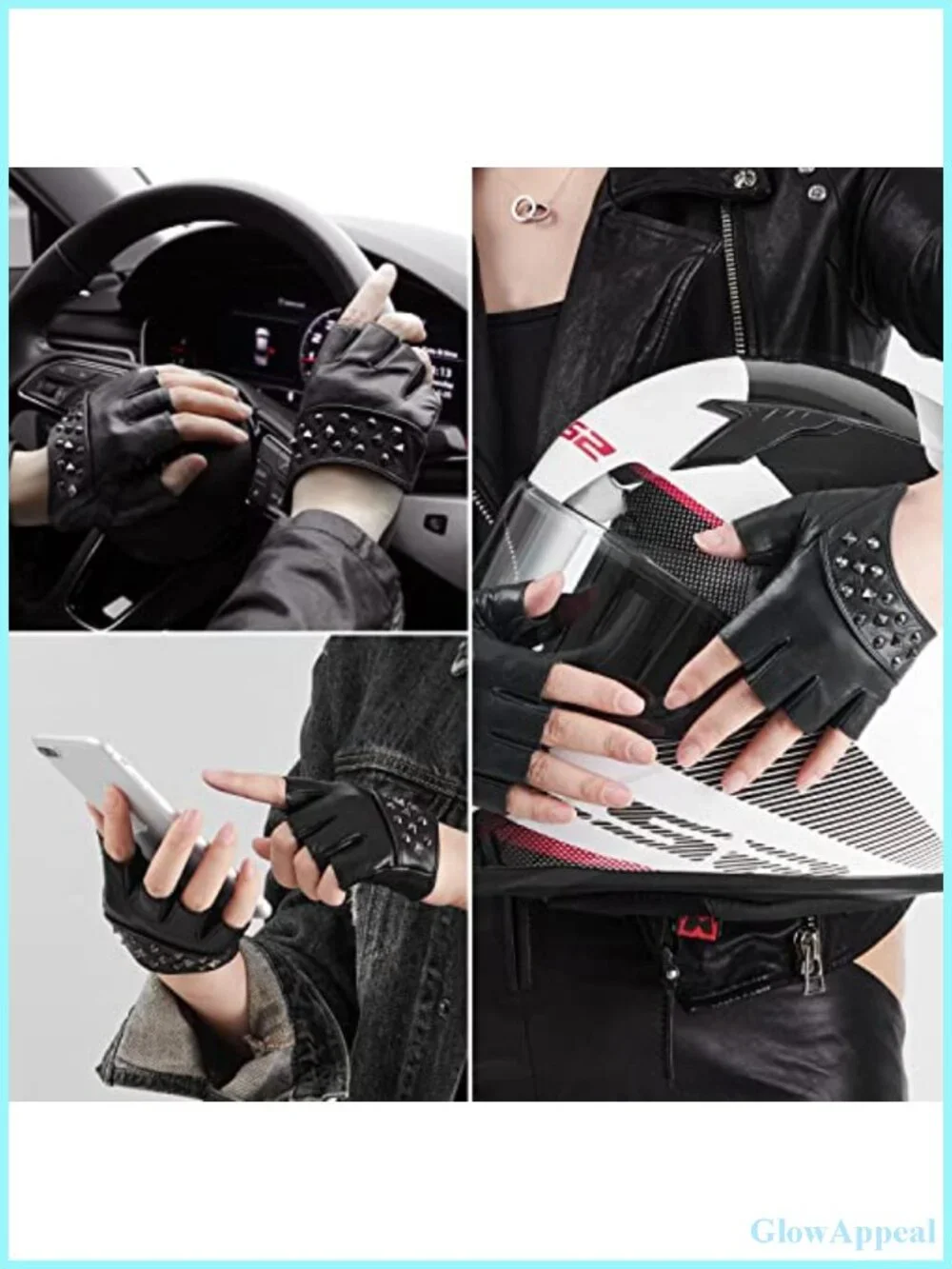 Genuine Sheepskin Fingerless Leather Driving Gloves Punk Studs